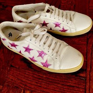Saint Laurent white star pink glitter sneakers
